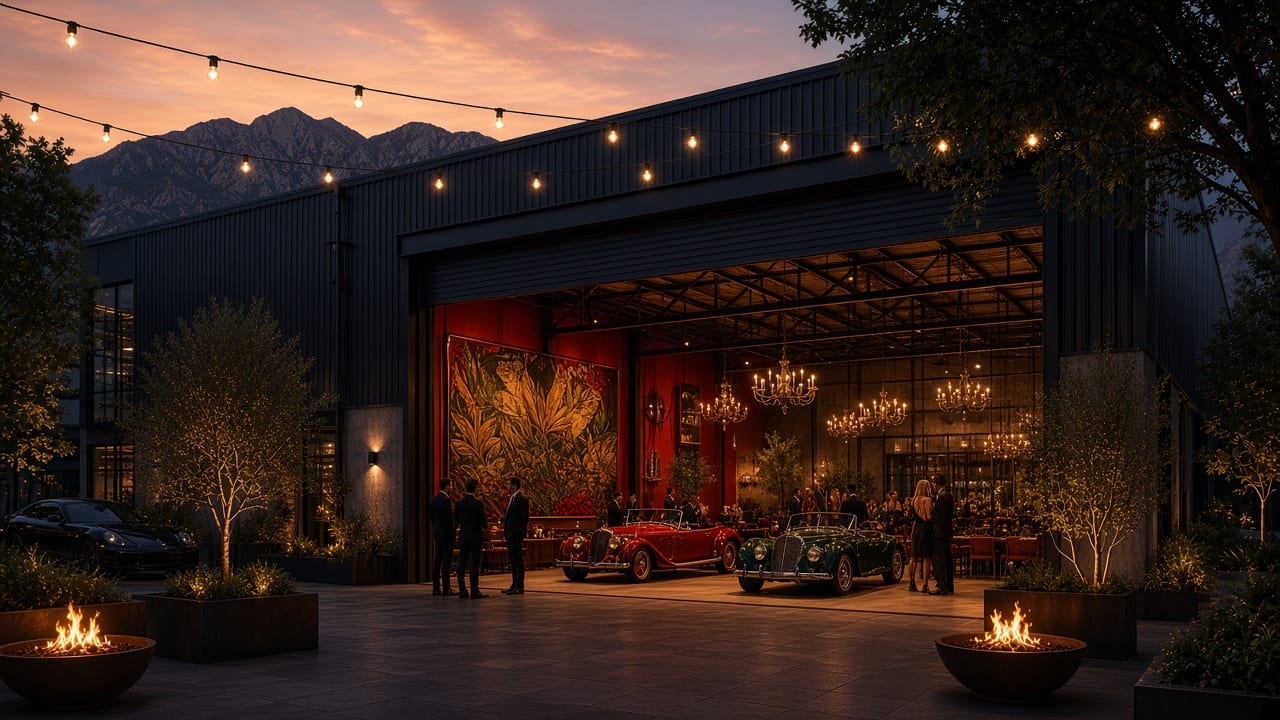Concept rendering: Black corrugated-steel warehouse at dusk, with the roll-up door open to an oxblood car gallery and a courtyard with fire bowls, olive trees and string lights.