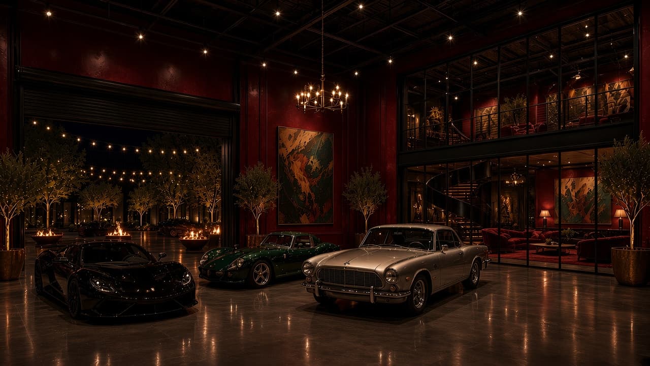 Concept rendering: Oxblood car gallery with black, green and silver sports cars on polished concrete, the roll-up door open to the night courtyard, and steel windows into the lounge.