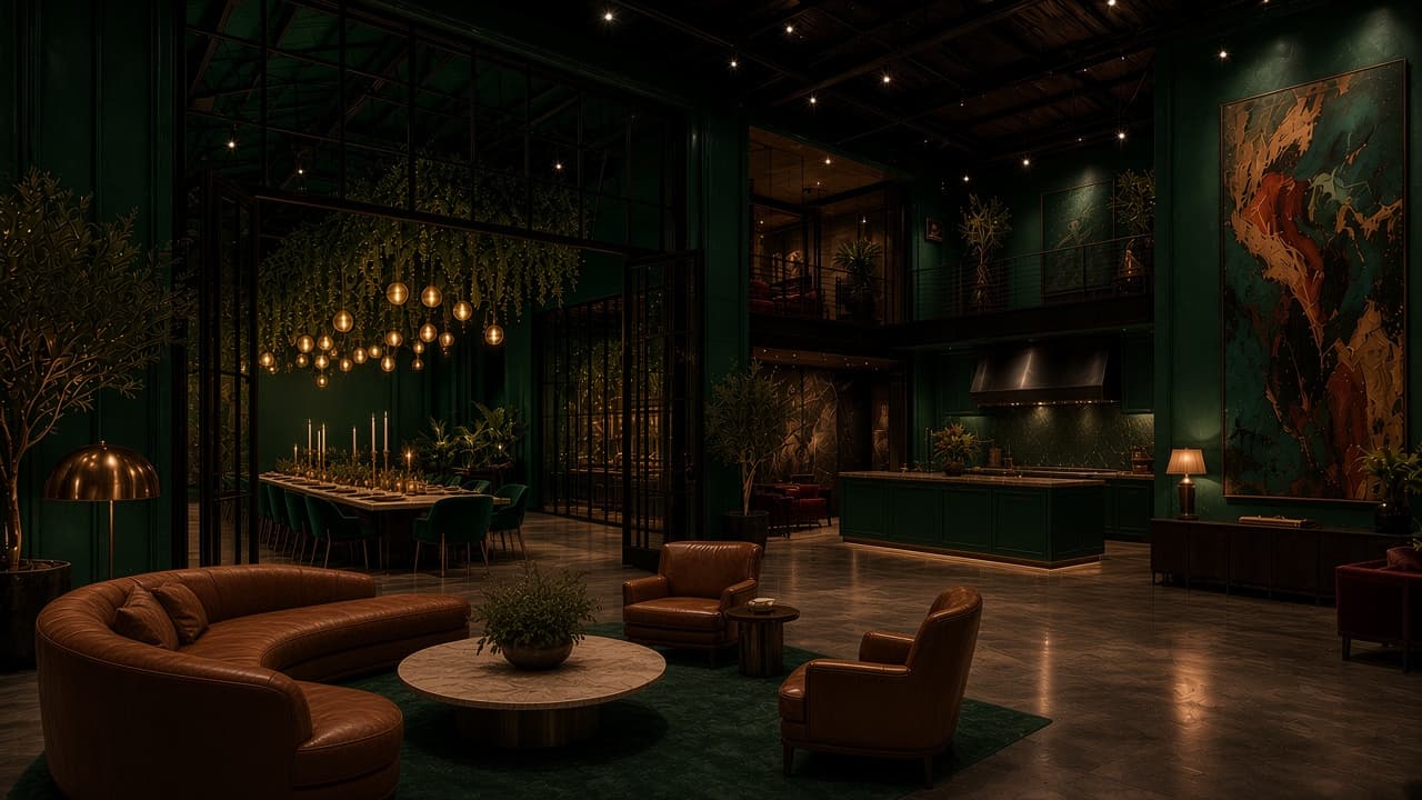 Concept rendering: Cognac leather lounge on a forest-green rug, looking through steel-glass partitions into the emerald dining room under a greenery canopy, with the emerald show kitchen beyond.