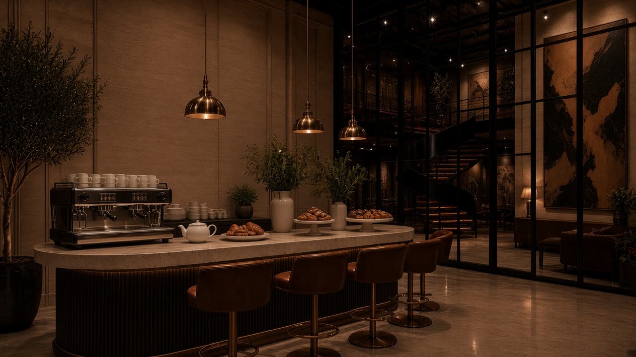 Concept rendering: Curved travertine coffee counter with a fluted blackened-steel front, an espresso machine, a teapot, pastries and cognac leather stools beside the spiral staircase.