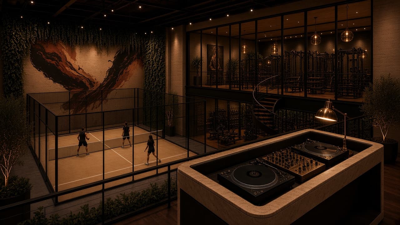 Concept rendering: Blackened-steel and travertine DJ booth on the mezzanine, overlooking the padel court, the spiral stair and the gym.