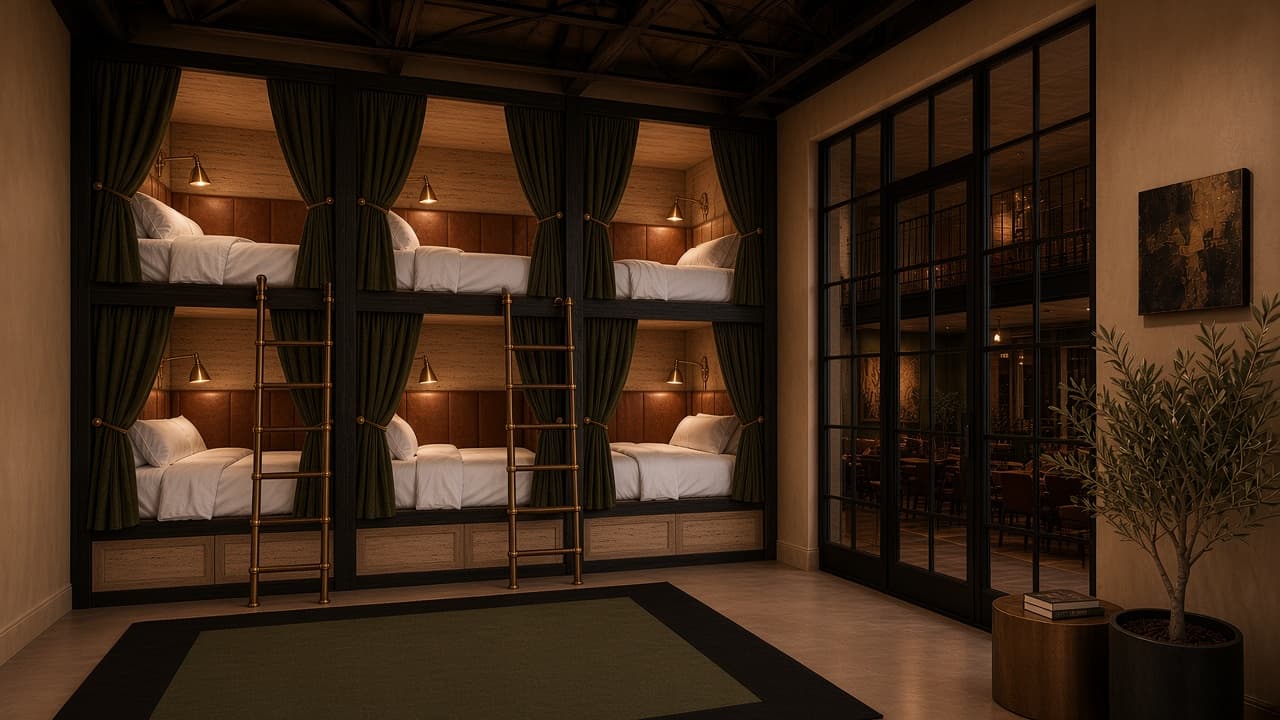 Concept rendering: Camel-toned bunk room with blackened-steel bunks, olive curtains, brass reading lights and a steel-glass door to the mezzanine.