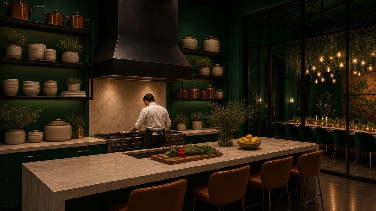 Concept rendering: Chef at the travertine island of the emerald show kitchen, with copper pots, ceramics and herbs on open shelves and the emerald dining room beyond the steel windows.
