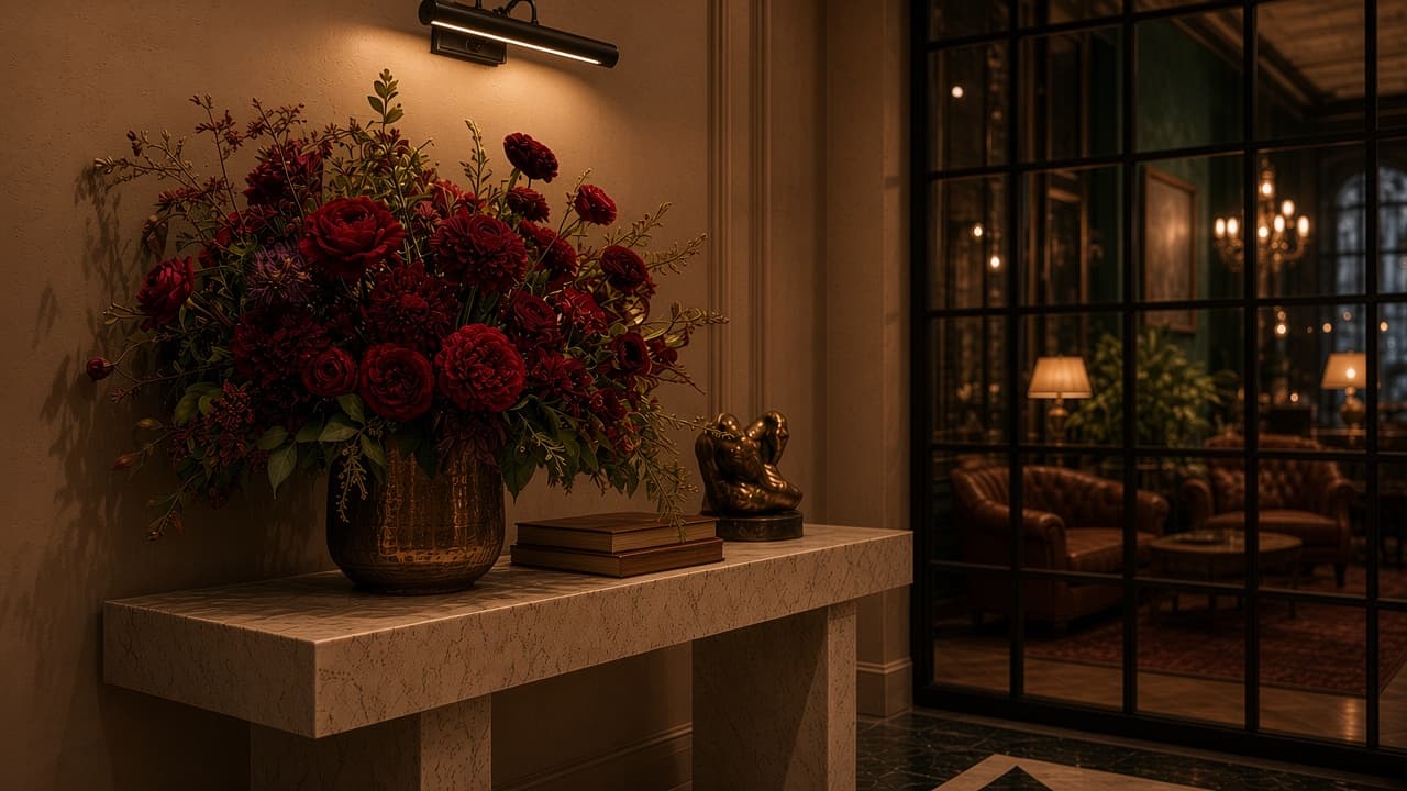 Concept rendering: Travertine console with deep red florals in a hammered brass vessel against camel plaster, with a green lounge beyond a steel window.
