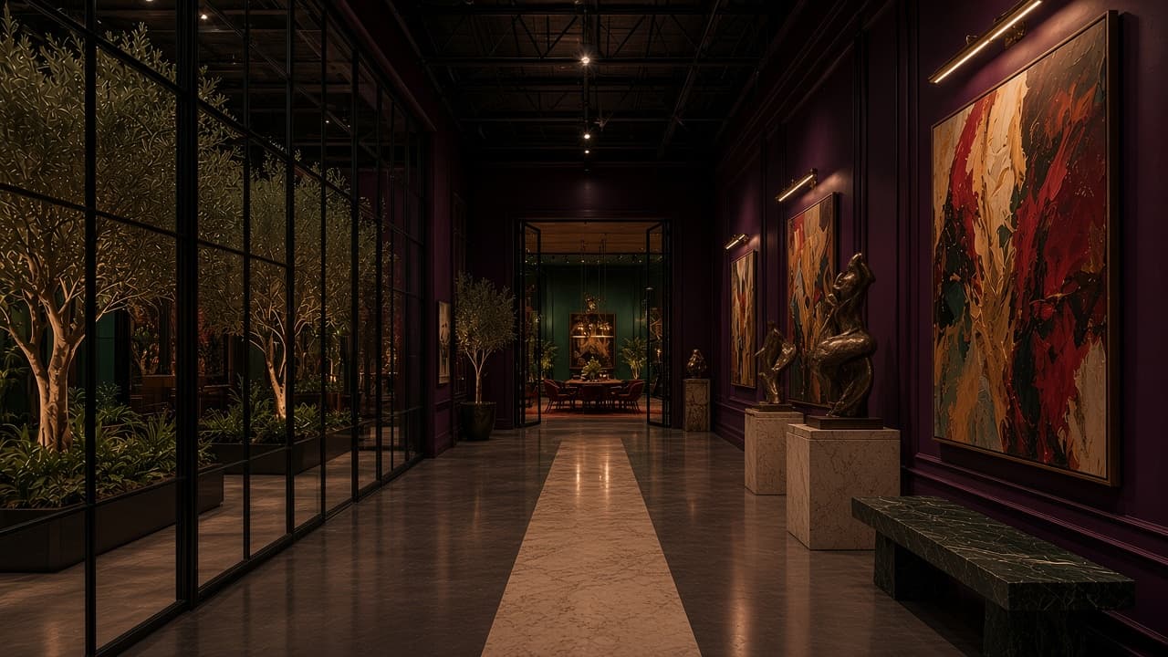 Concept rendering: Claret gallery corridor with large paintings, bronze sculptures and a green marble bench, next to a steel window onto the garden.