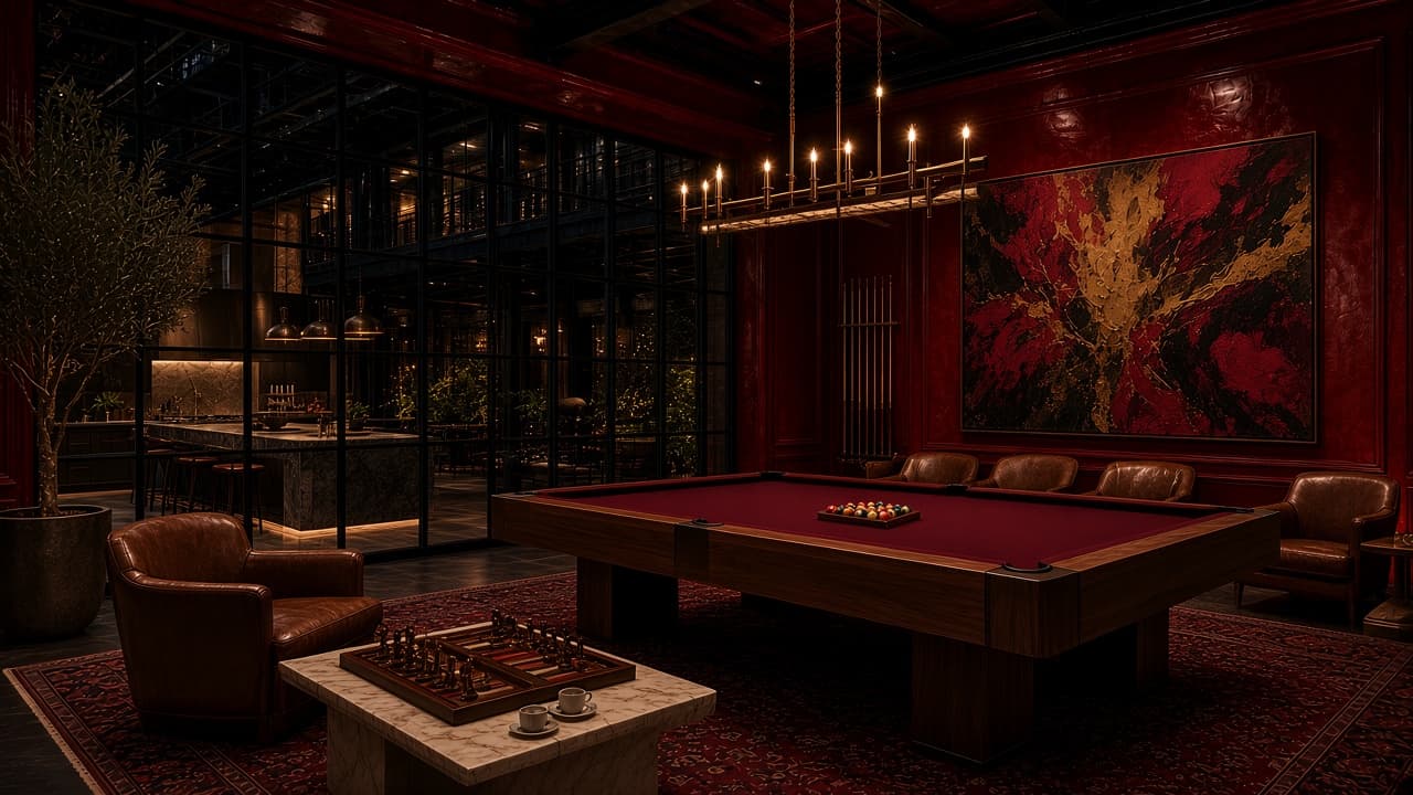 Concept rendering: Burgundy game room with a walnut pool table, a bronze candle chandelier, chess on travertine and a steel window into the kitchen.