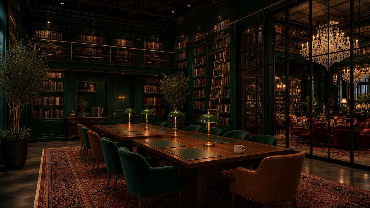 Concept rendering: Emerald library-style coworking room with walnut tables, brass lamps, velvet and leather chairs, and a steel window over the chandeliers.