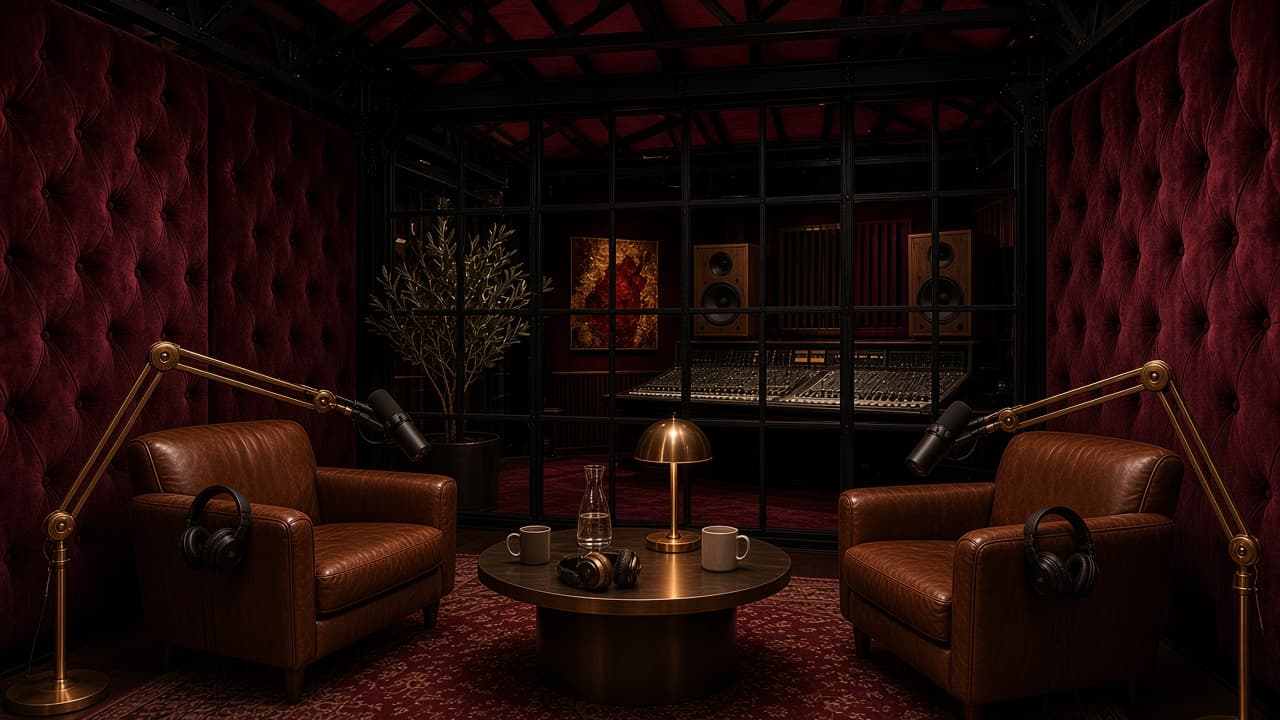 Concept rendering: Burgundy tufted-velvet podcast studio with leather chairs and brass mic arms, and the mixing console visible through a steel window.