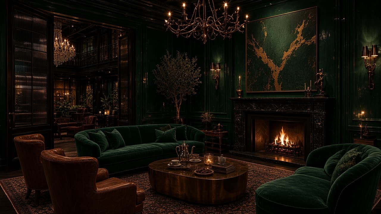 Concept rendering: Forest-green inner lounge with a fireplace, velvet and leather seating, a bronze table with coffee service and a doorway open to the mezzanine.